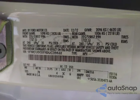 2013 Ford Escape Se z USA, uszkodzony, nr VIN 1FMCU0GX1DUC06622